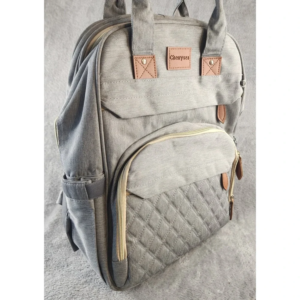 Cherrysea Diaper Bag Backpack Gray USB Charging Port Insulated Pockets Quilted